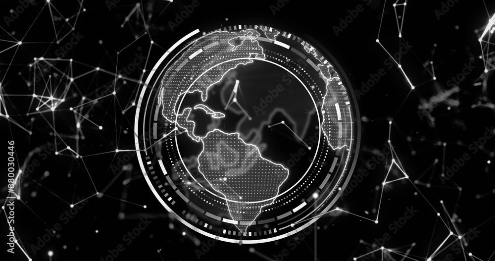 Poster image of globe with connections and data processing over black background