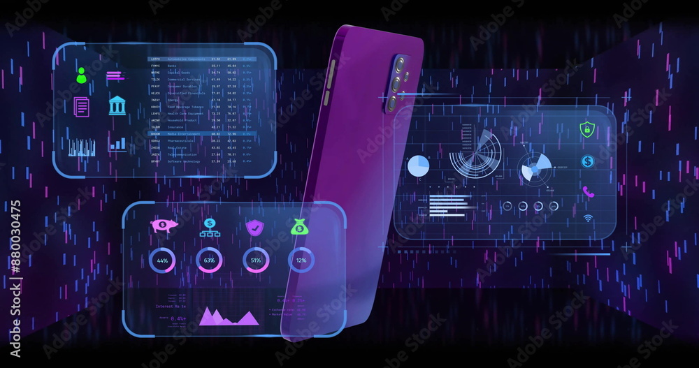 Poster image of financial data processing and smartphone on black background