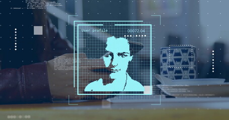 Image of biometric photos data processing over caucasian man using smartphone