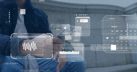 Image of data processing over caucasian man using smartphone