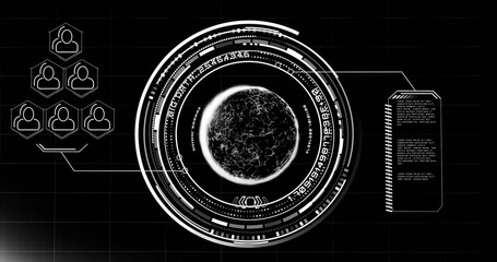 Image of globe with icons and data processing over black background