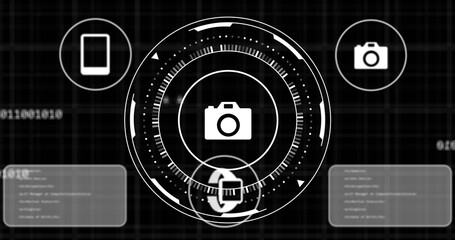 Image of scope with icons and data processing over black background