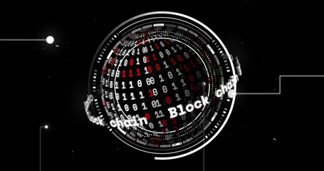 Image of globe with binary coding and data processing over black background