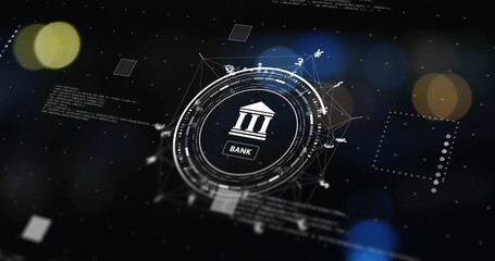 Image of globe with bank and currency icons and data processing over black background