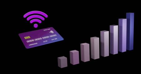 Image of credit card with wifi icon and graph on black background
