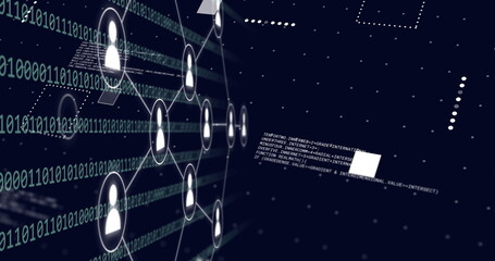 Image of icons with binary coding and data processing over black background