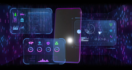 Image of financial data processing and smartphone on black background