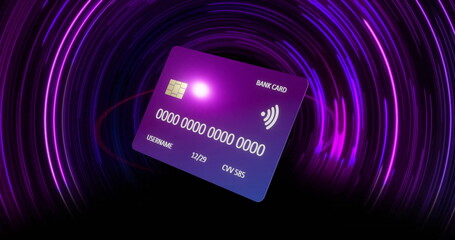 Image of credit card over colourful circles on black background