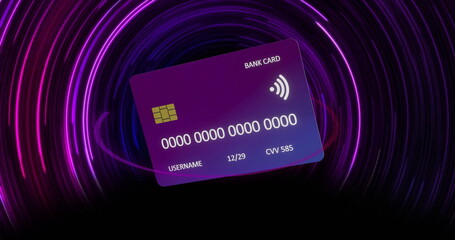 Image of credit card over colourful circles on black background
