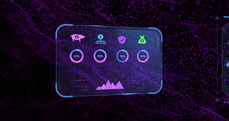 Image of financial data processing over purple spots on black background