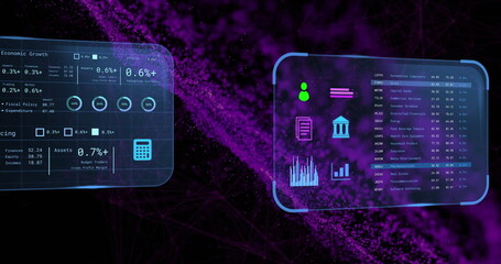 Image of financial data processing over purple spots on black background