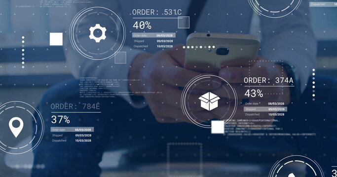 Image of icons and data processing over caucasian man using smartphone