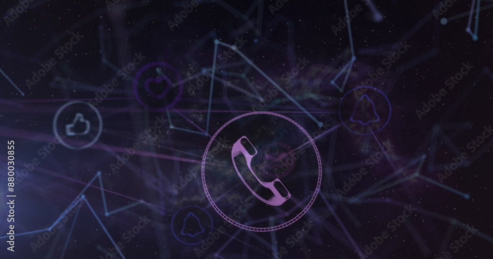 Poster image of netwrok of connections with icons on black background