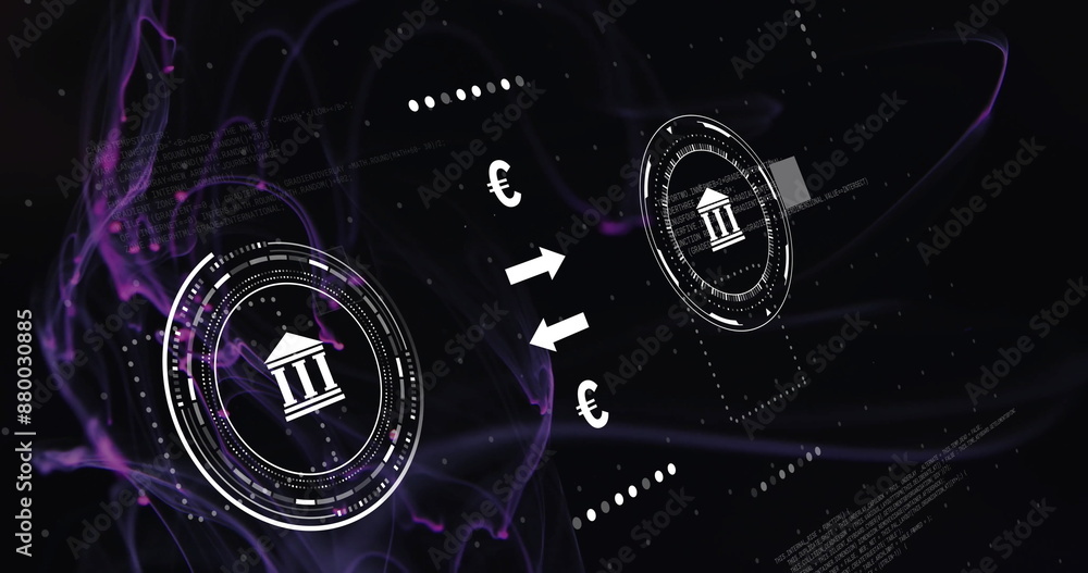 Poster image of icons and currency symbols with data processing over light trails on black background