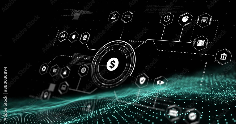 Poster image of network of connections with icons and data processing over spots on black background