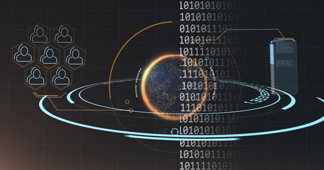 Image of globe icons and binary coding and data processing over dark background