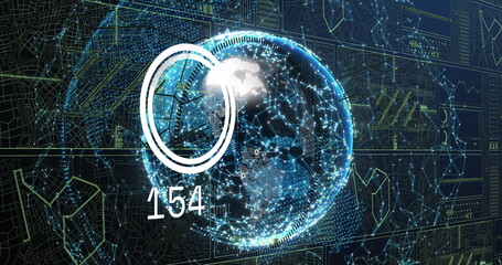 Image of digital data processing, numbers and circuit board over globe