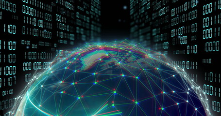 Image of globe with binary coding and data processing over dark background