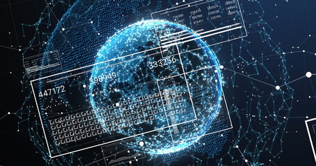 Image of digital data processing on screens over globe