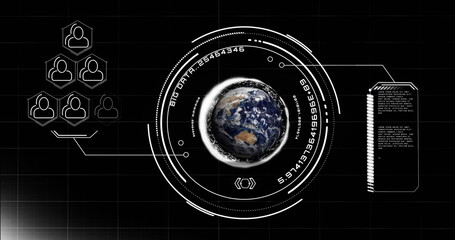 Image of globe with icons and data processing over black background