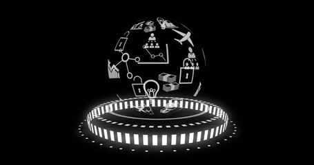Image of globe with icons and data processing over black background