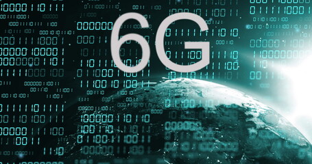 Image of 6g text, globe with binary coding and data processing over dark background