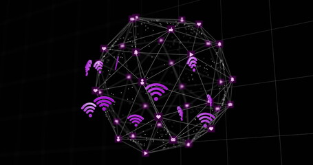 Image of globe of connections with wifi icons on black background