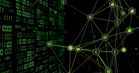 Image of globe with binary coding and data processing over dark background