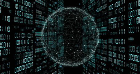 Image of globe with binary coding and data processing over dark background