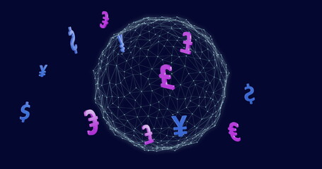 Image of globe of connections with currency symbols on black background