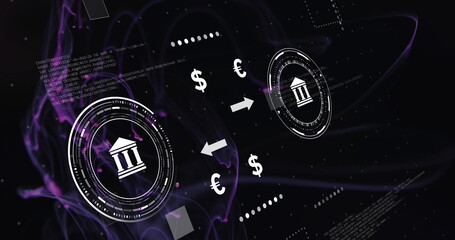 Image of icons and currency symbols with data processing over light trails on black background