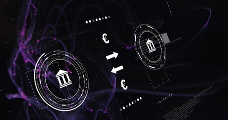 Image of icons and currency symbols with data processing over light trails on black background