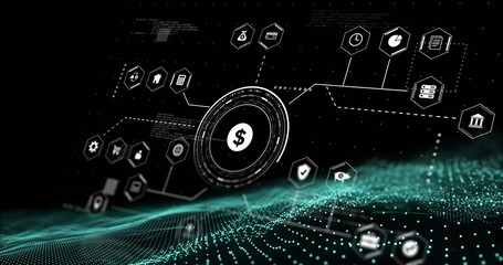 Image of network of connections with icons and data processing over spots on black background