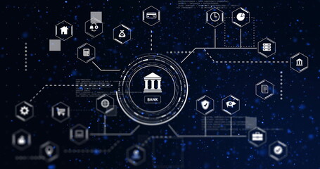 Image of network of connections with icons and data processing over spots on black background