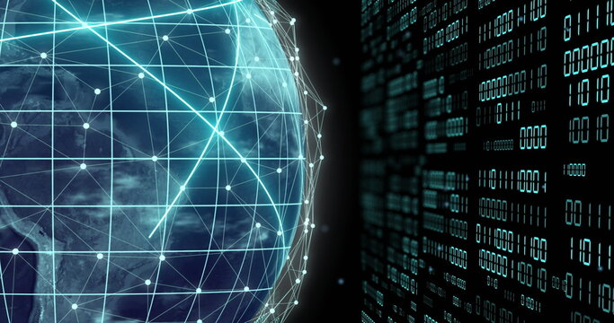 Image of globe with binary coding and data processing over dark background
