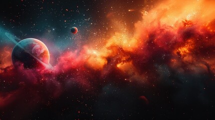 Obraz premium Ringed Planet In Nebula Background Illustration