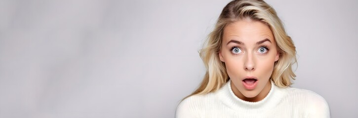 Naklejka premium Young blonde woman showing a comical shocked expression, perfect abstract depiction of surprise and best-seller background.
