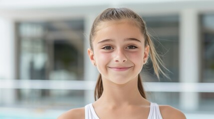 Fototapeta premium A young girl with a ponytail is smiling at the camera