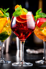 Summer sangria cocktails with spanish wine, fruits, citrus and ice. Black background