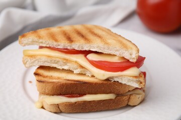 Pieces of toasted bread with melted cheese and tomato on table, closeup