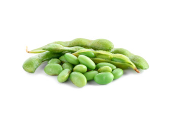 Raw green edamame soybeans and pods isolated on white