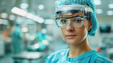 Confident female surgeon in operating room wearing protective gear, ready for surgery. Advanced medical technology in background.