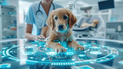 Cute puppy receiving advanced veterinary care on a futuristic table with holographic interface in a modern vet clinic.