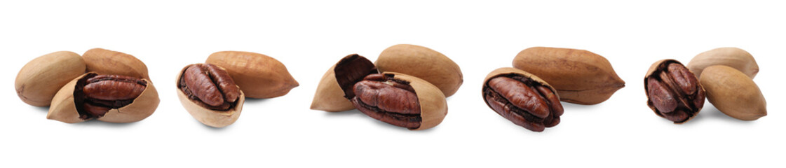 Many pecan nuts with shell isolated on white, set