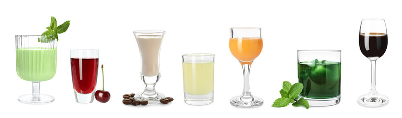 Different tasty liqueurs in glasses on white background, collection