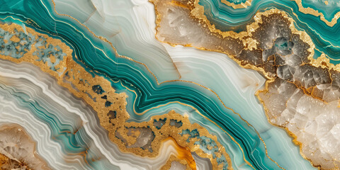 turquoise and gold marble with teal white onyx geode texture, luxurious crystal wallpaper background