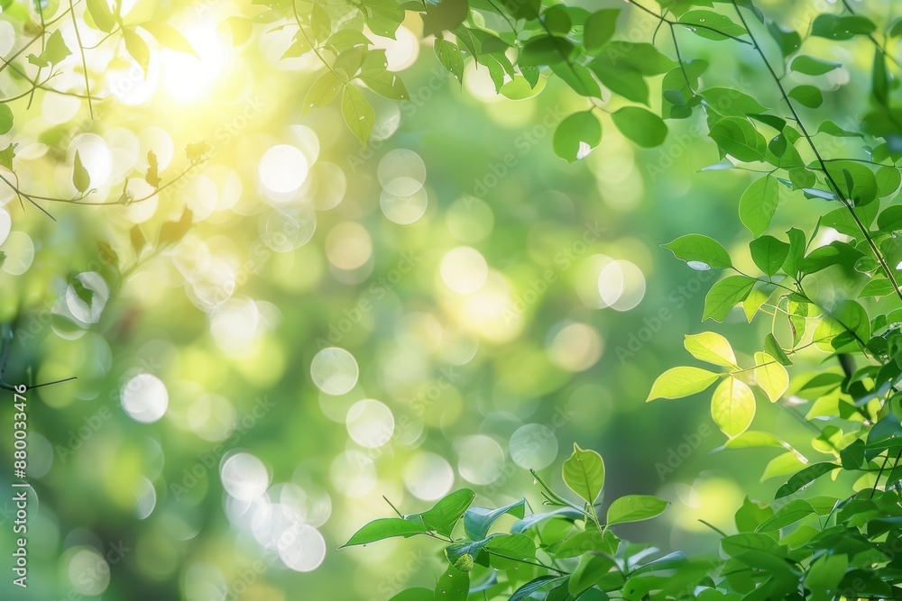 Poster blurred green nature background with bokeh effect, bright sunlight and soft focus on the foliage of 