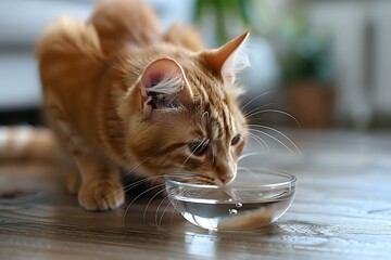 Orange tabby cat drinking from a glass bowl on a wooden floor, with a blurred background creating a cozy, homey atmosphere.
