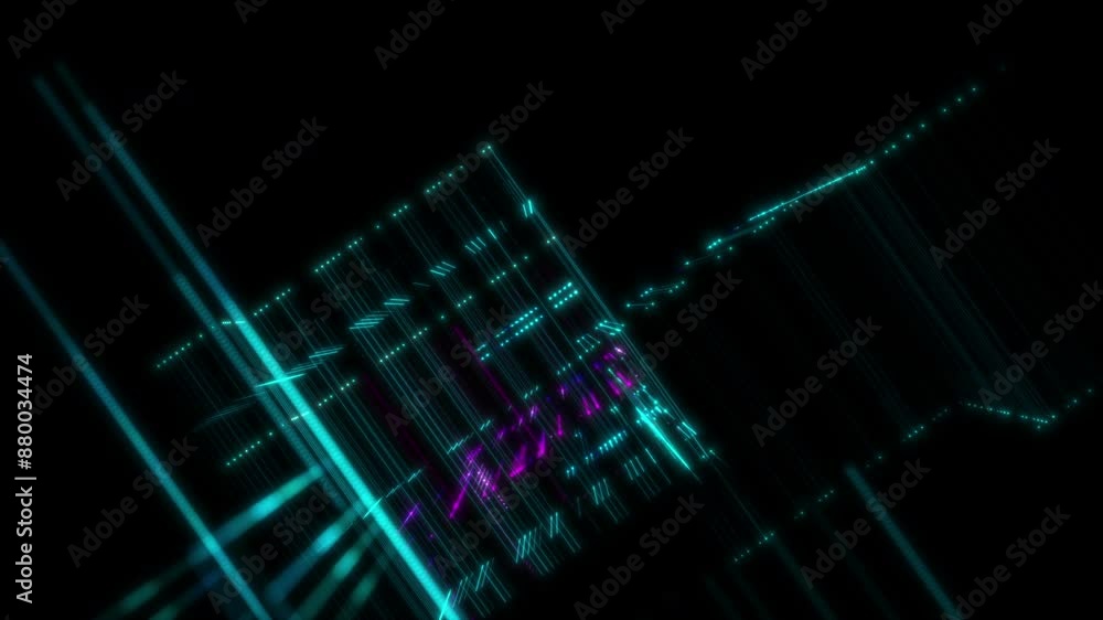 Poster futuristic neon wireframe grid background. move the camera like a dolly and roll.