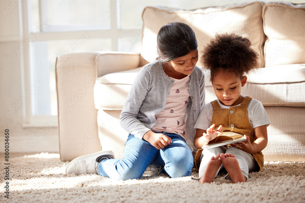 Poster Girl, kids and playing with tablet on floor for online games, elearning and educational video in home. Friends, people and digital tech on carpet for watching movies, fun cartoons and bonding on mat